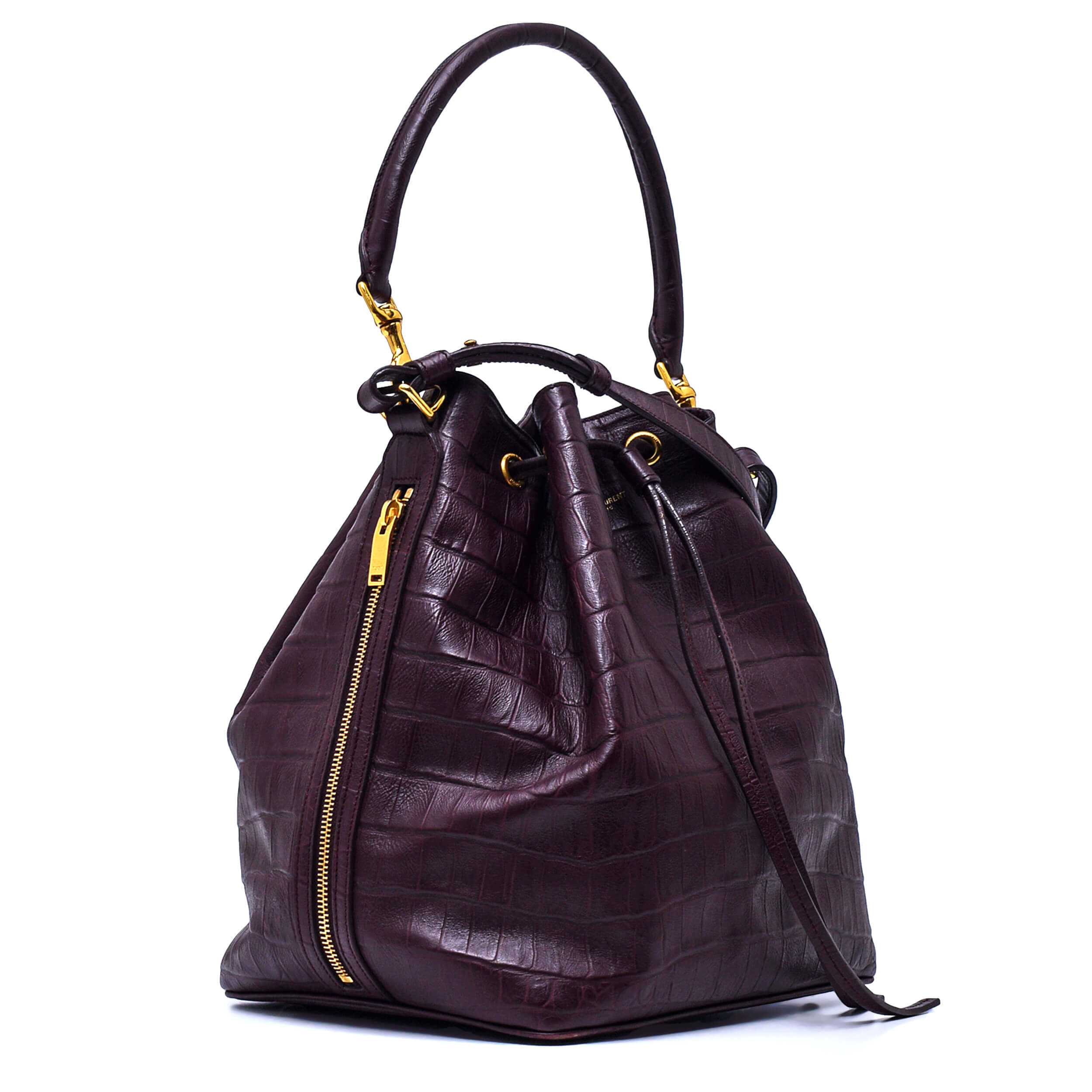 Saint Laurent - Burgundy Calfskin Crocodile Embossed Leather Emmanuelle Bucket Bag